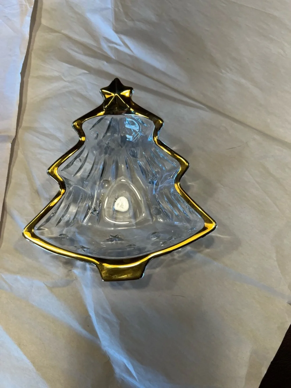 Glass Christmas Tree Dish with Gold Trim